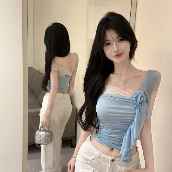 정가 실사 새로운 프랑스식 레이스 섹시함 핫걸 캐미솔 여름 몸매 가꾸기 오프숄더 슬림해 보이는 짧은 맨위