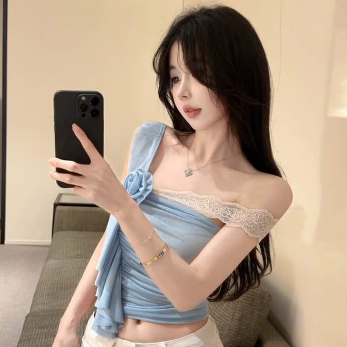 정가 실사 새로운 프랑스식 레이스 섹시함 핫걸 캐미솔 여름 몸매 가꾸기 오프숄더 슬림해 보이는 짧은 맨위 이미지 4