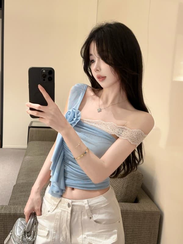 정가 실사 새로운 프랑스식 레이스 섹시함 핫걸 캐미솔 여름 몸매 가꾸기 오프숄더 슬림해 보이는 짧은 맨위 상세 이미지 8