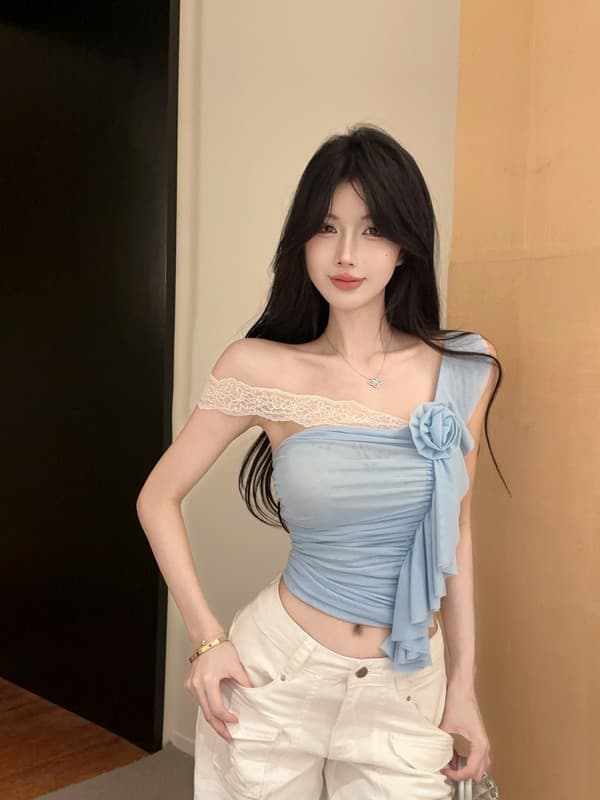 정가 실사 새로운 프랑스식 레이스 섹시함 핫걸 캐미솔 여름 몸매 가꾸기 오프숄더 슬림해 보이는 짧은 맨위 상세 이미지 11