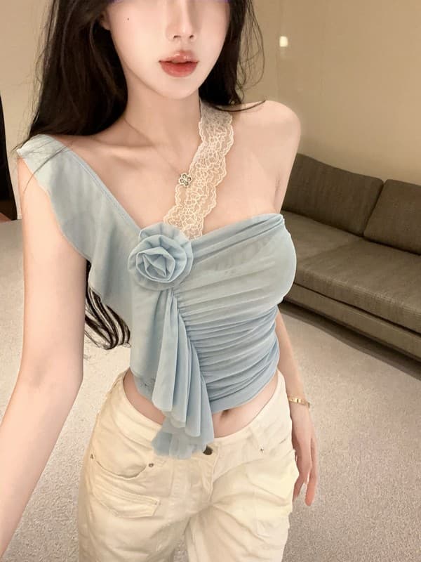 정가 실사 새로운 프랑스식 레이스 섹시함 핫걸 캐미솔 여름 몸매 가꾸기 오프숄더 슬림해 보이는 짧은 맨위 상세 이미지 14