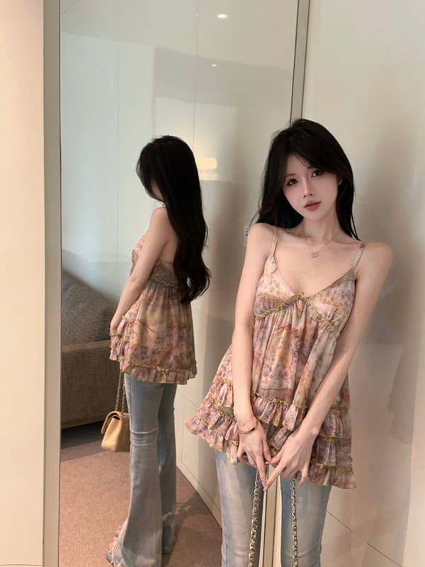 정가 실사 새로운 여름 휴가 꽃무늬 프릴 캐미솔 해변가 휴가 바람 맨위 상세 이미지 9