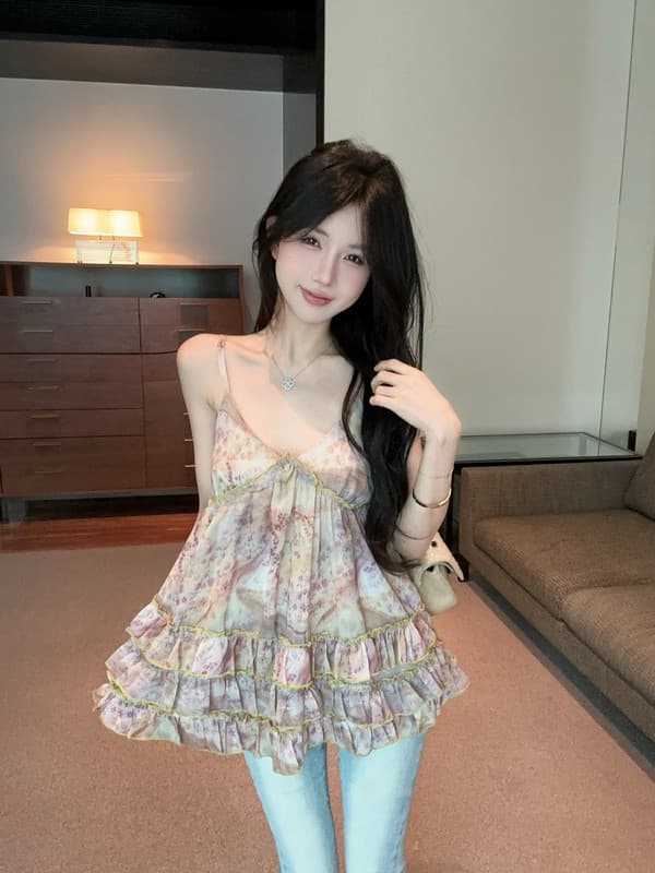 정가 실사 새로운 여름 휴가 꽃무늬 프릴 캐미솔 해변가 휴가 바람 맨위 상세 이미지 10