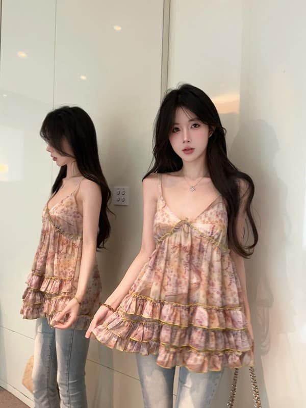 정가 실사 새로운 여름 휴가 꽃무늬 프릴 캐미솔 해변가 휴가 바람 맨위 상세 이미지 11
