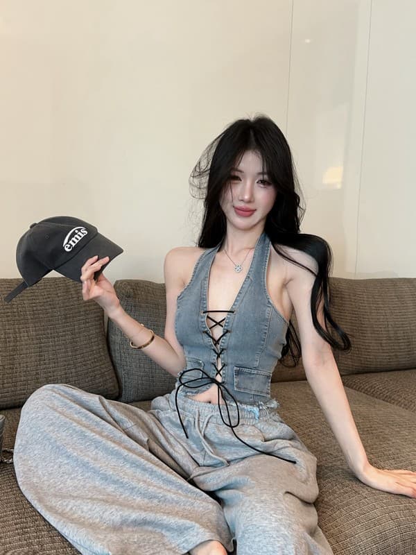 정가 실사 디자인 센스 아메리칸 데님 행침 목 캐미솔 여름 외출용 핫걸 섹시함 백리스 맨위 짧은 상세 이미지 4