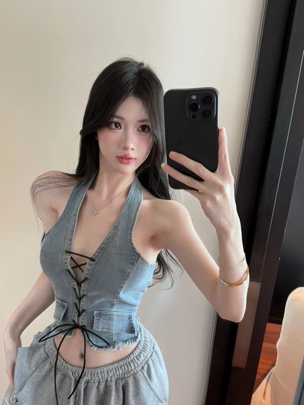 정가 실사 디자인 센스 아메리칸 데님 행침 목 캐미솔 여름 외출용 핫걸 섹시함 백리스 맨위 짧은 상세 이미지 7