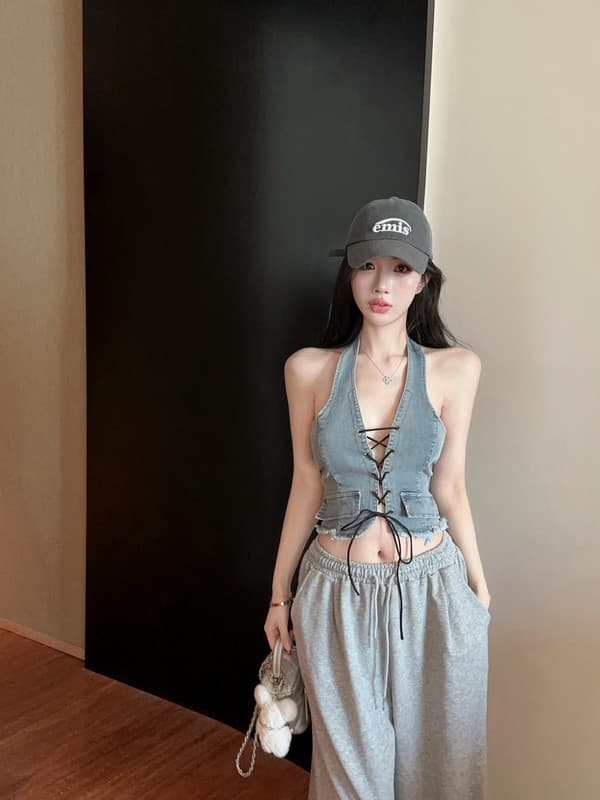 정가 실사 디자인 센스 아메리칸 데님 행침 목 캐미솔 여름 외출용 핫걸 섹시함 백리스 맨위 짧은 상세 이미지 8