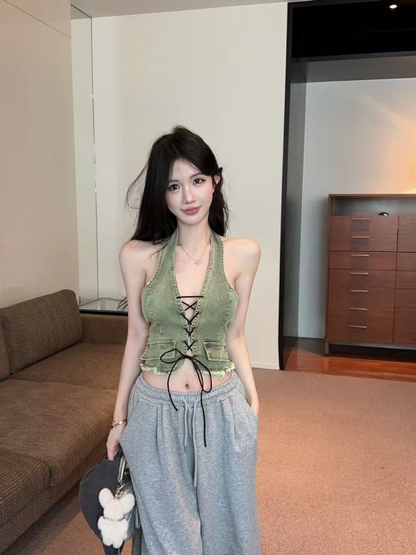 정가 실사 디자인 센스 아메리칸 데님 행침 목 캐미솔 여름 외출용 핫걸 섹시함 백리스 맨위 짧은 상세 이미지 10