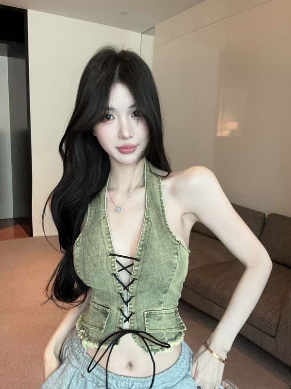 정가 실사 디자인 센스 아메리칸 데님 행침 목 캐미솔 여름 외출용 핫걸 섹시함 백리스 맨위 짧은 상세 이미지 11