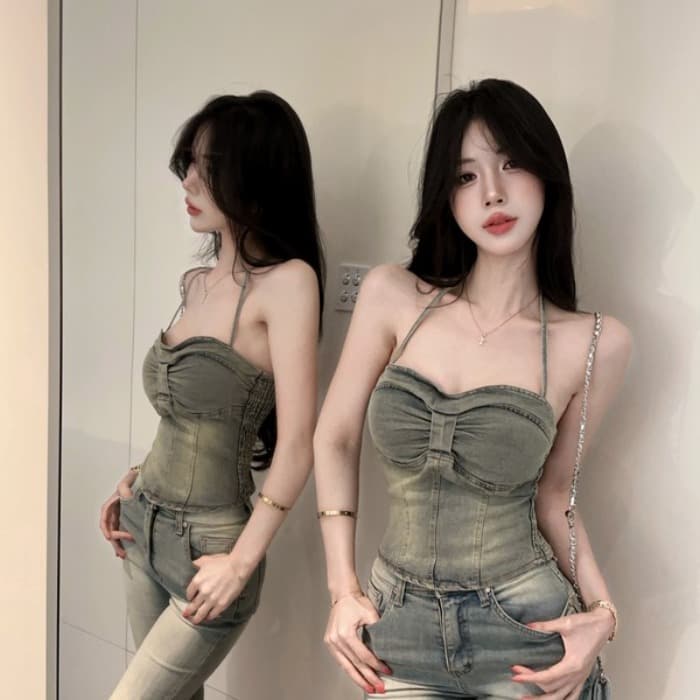 정가 실사 프랑스식 행침 목 슬림해 보이는 허리 수축 민소매 핫걸 데님 조끼 순수한 욕망 섹시함 튜브탑 벨트 가슴 패드