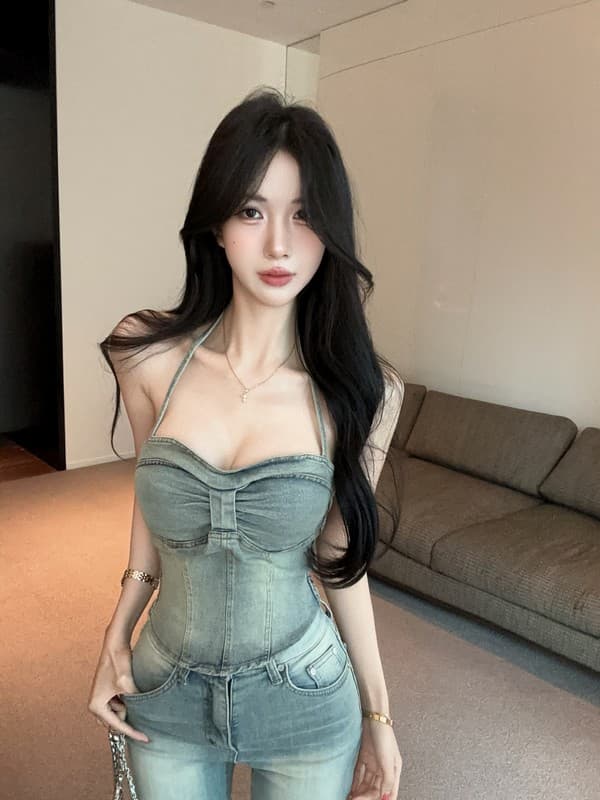 정가 실사 프랑스식 행침 목 슬림해 보이는 허리 수축 민소매 핫걸 데님 조끼 순수한 욕망 섹시함 튜브탑 벨트 가슴 패드 상세 이미지 8