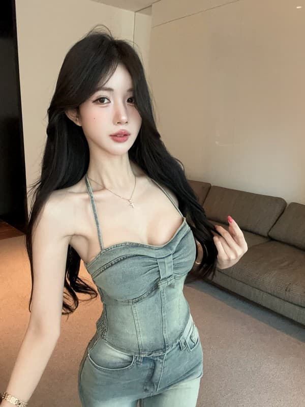 정가 실사 프랑스식 행침 목 슬림해 보이는 허리 수축 민소매 핫걸 데님 조끼 순수한 욕망 섹시함 튜브탑 벨트 가슴 패드 상세 이미지 11