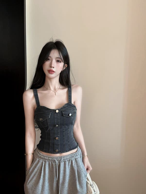 정가 실사 실사 정가 여름 새로운 패션 데님 캐미솔 몸매 가꾸기 핫걸 맨위 상세 이미지 3