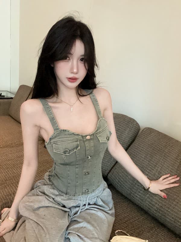 정가 실사 실사 정가 여름 새로운 패션 데님 캐미솔 몸매 가꾸기 핫걸 맨위 상세 이미지 4