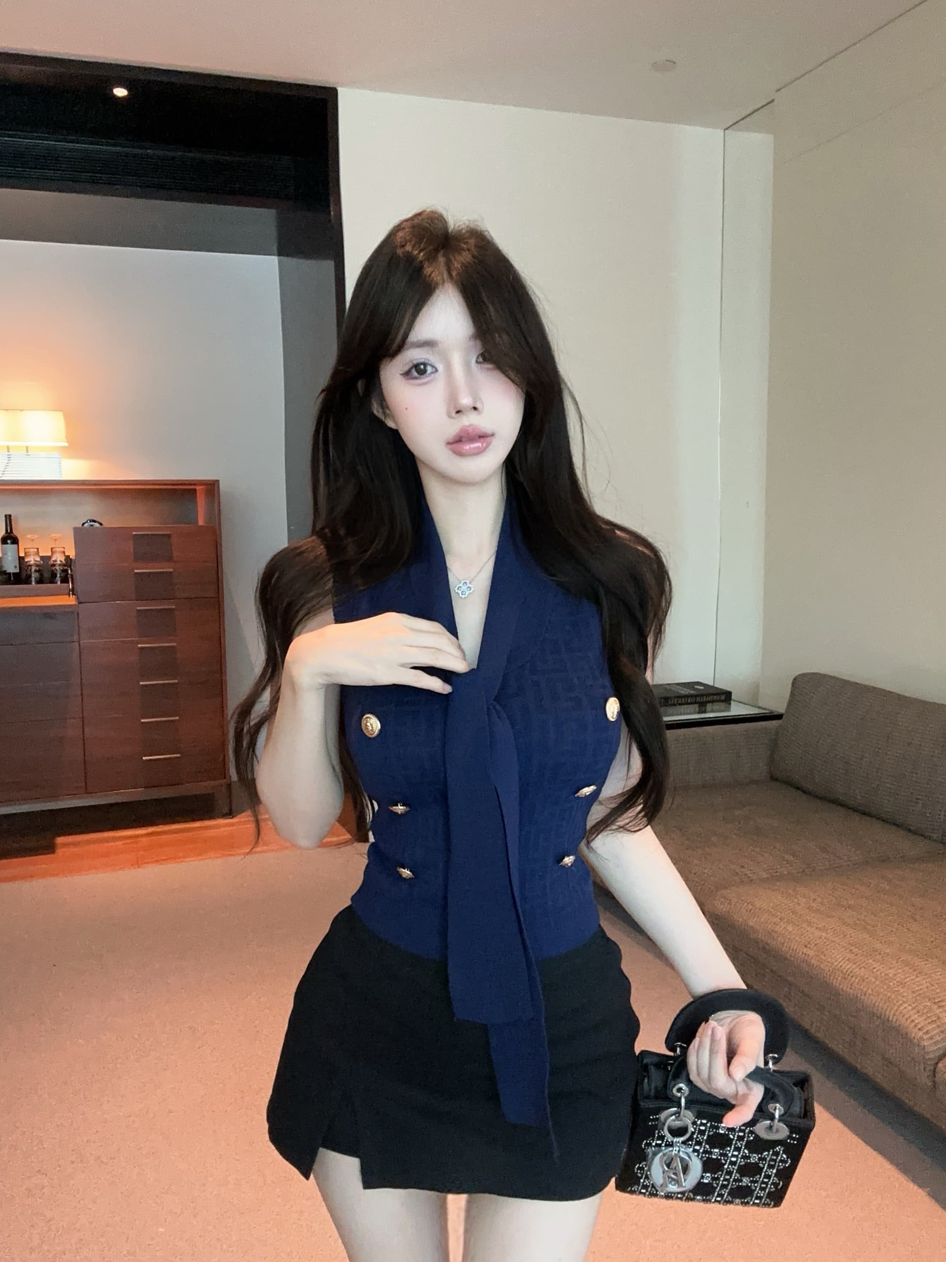 실사 정가 명문 여성 골드 버클 니트 조끼 여름 섹션 디자인 센스 V넥 리본 민소매 맨위 상세 이미지 1