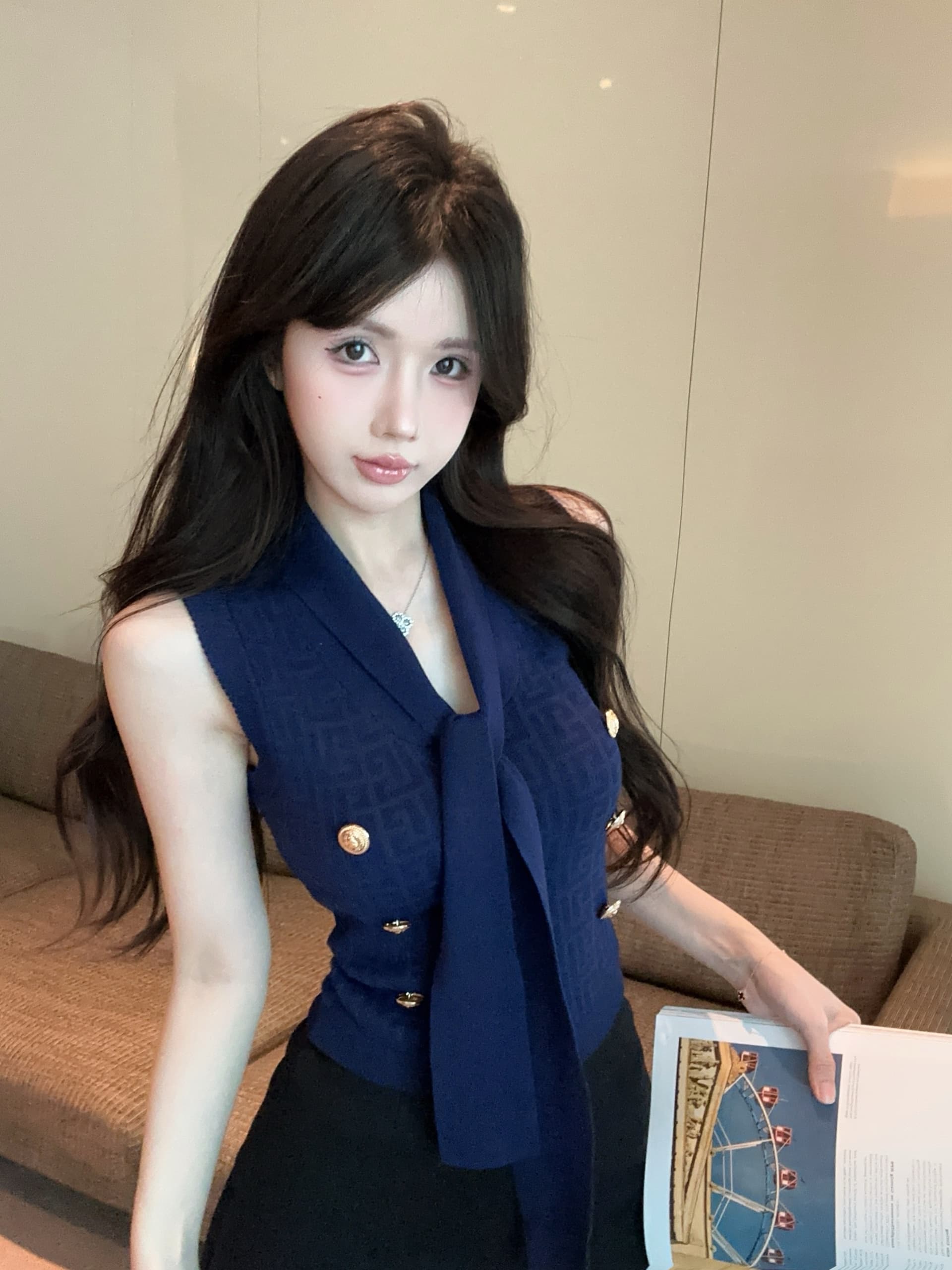 실사 정가 명문 여성 골드 버클 니트 조끼 여름 섹션 디자인 센스 V넥 리본 민소매 맨위 상세 이미지 4