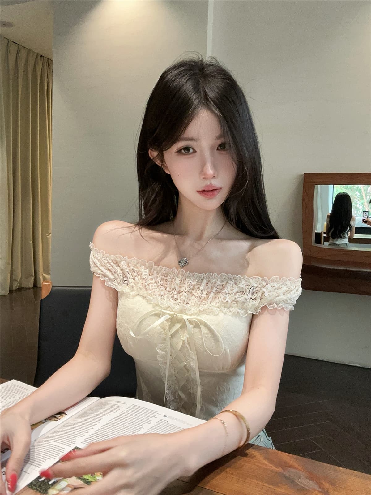 실사 정가 순수한 욕망 바람 오프숄더 패치워크 레이스 민소매 티셔츠 몸매 가꾸기 타이트 튜브탑 맨위 상세 이미지 2