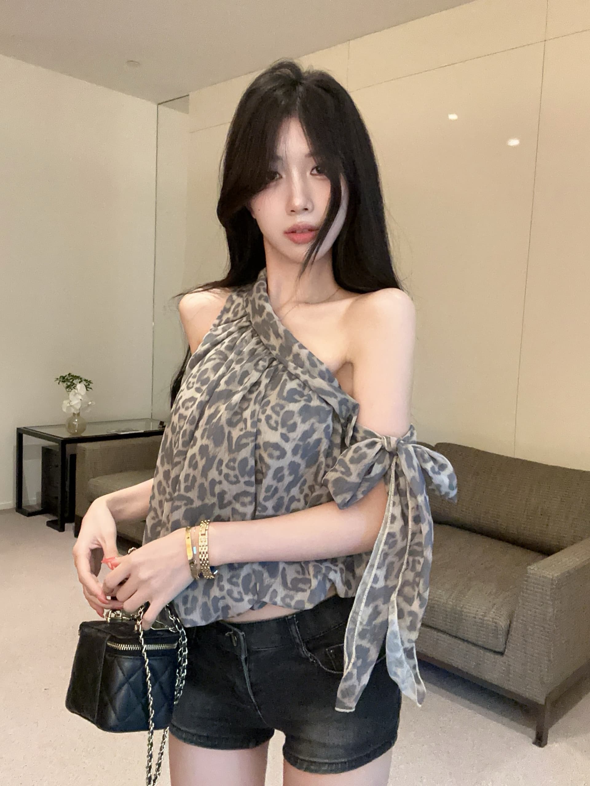 실사 정가 분위기 센스 프랑스식 비스듬한 어깨 의류 리본 조끼 핫걸 디자인 센스 레오파드 무늬 맨위 상세 이미지 3