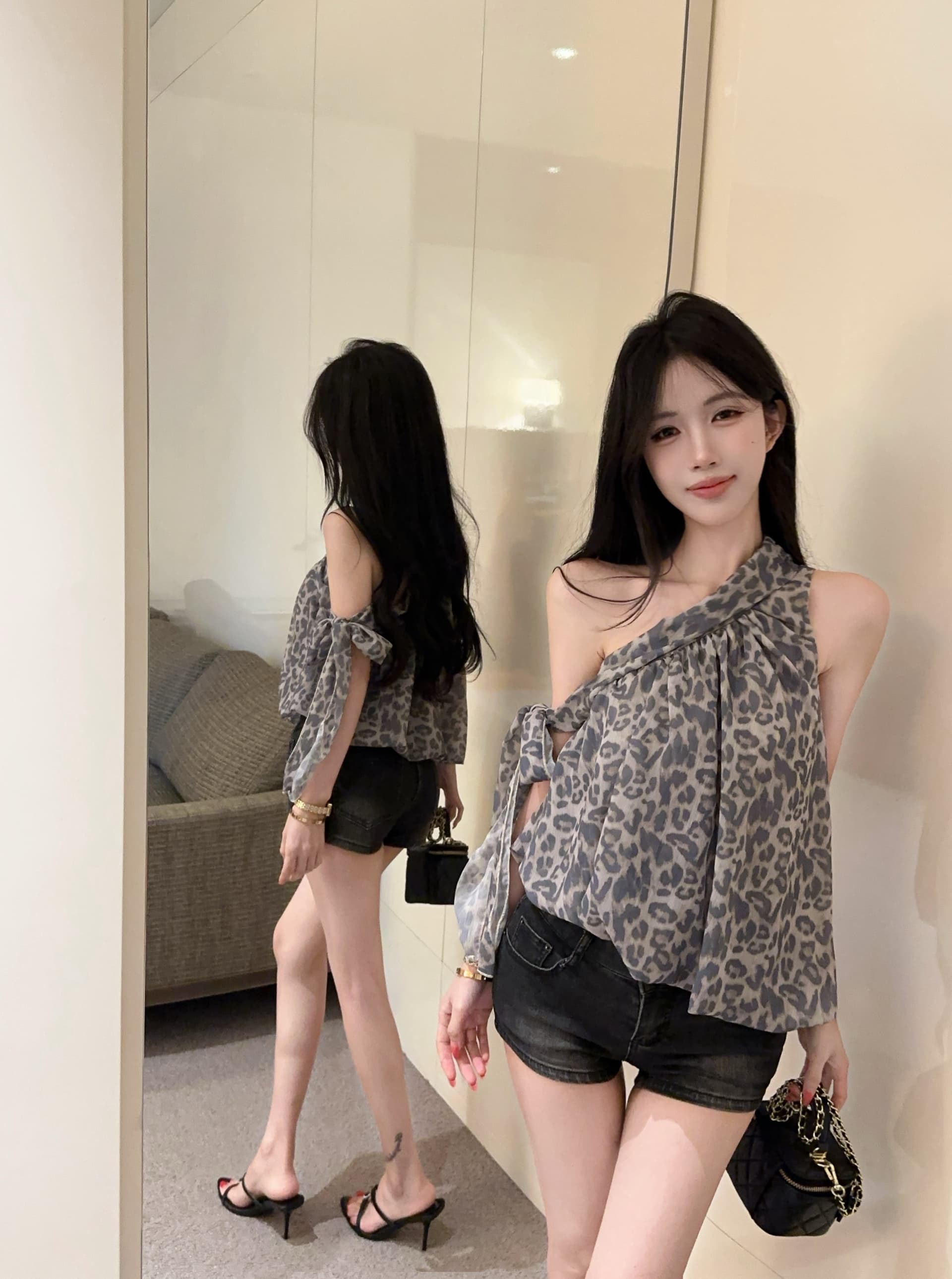 실사 정가 분위기 센스 프랑스식 비스듬한 어깨 의류 리본 조끼 핫걸 디자인 센스 레오파드 무늬 맨위 상세 이미지 6