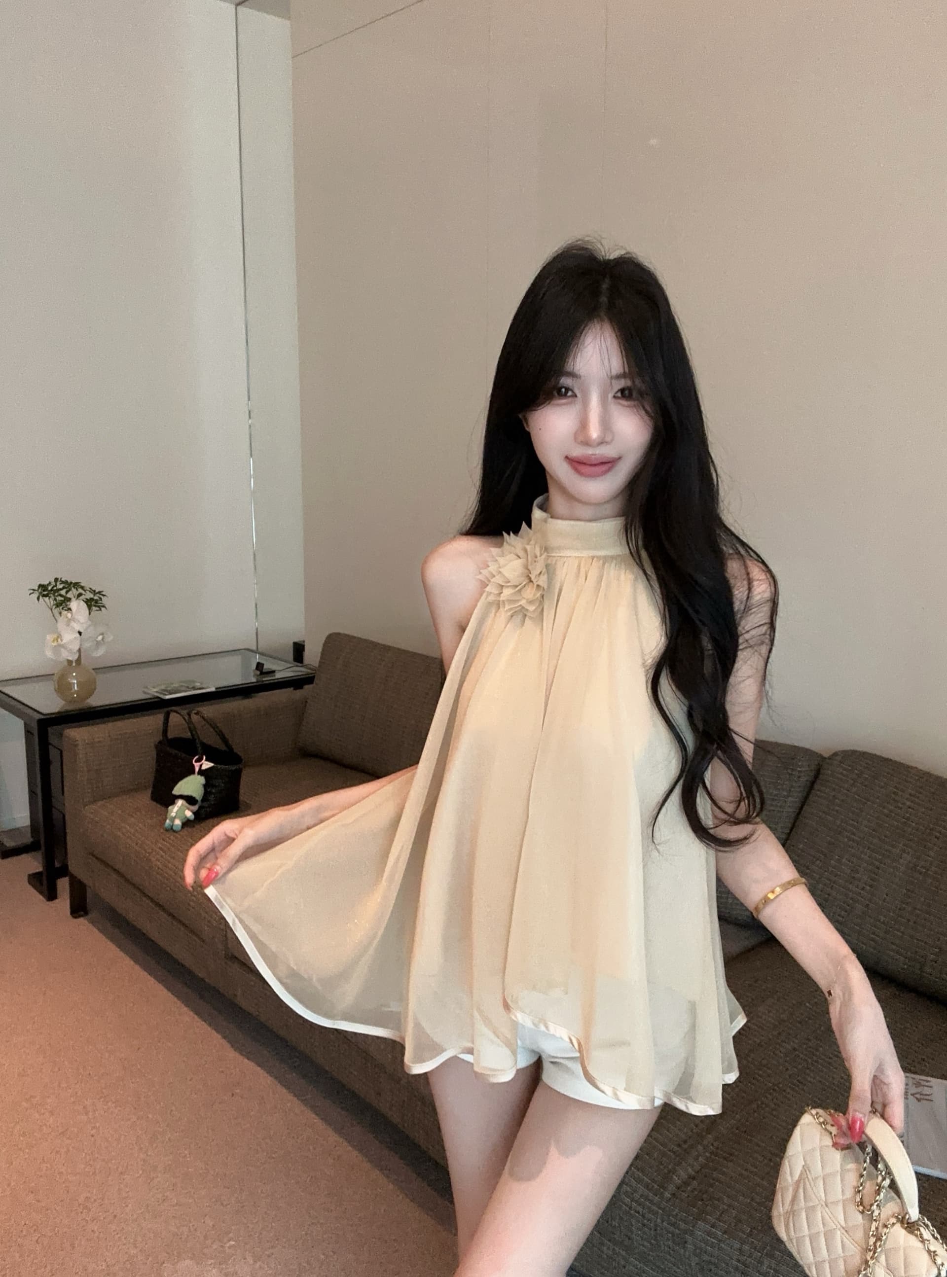 실사 정가 프랑스식 순수한 욕망 민소매 행침 목 디자인 센스 작은 셔츠 품격 꽃 오프숄더 쉬폰 톱 상세 이미지 2