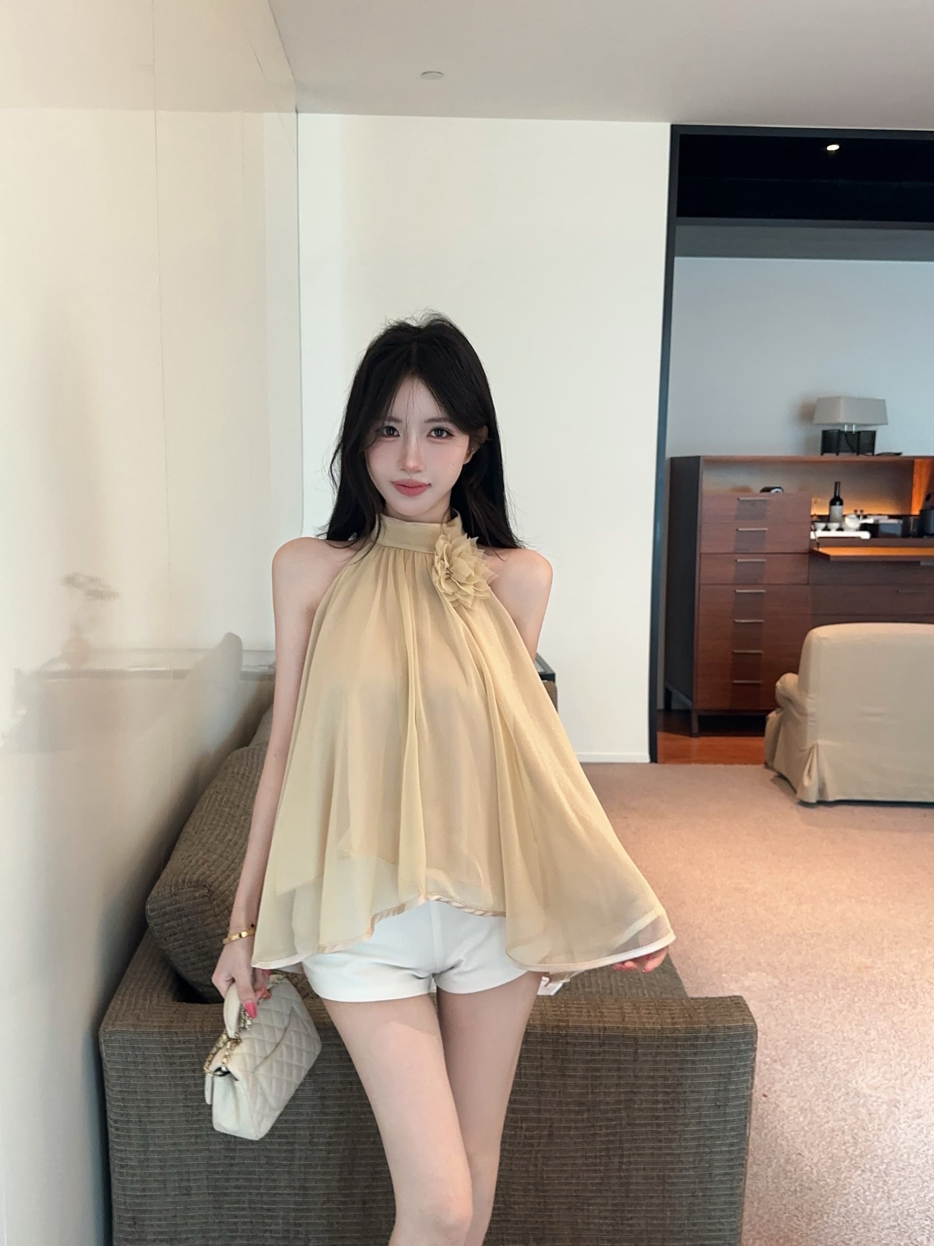 실사 정가 프랑스식 순수한 욕망 민소매 행침 목 디자인 센스 작은 셔츠 품격 꽃 오프숄더 쉬폰 톱 상세 이미지 3