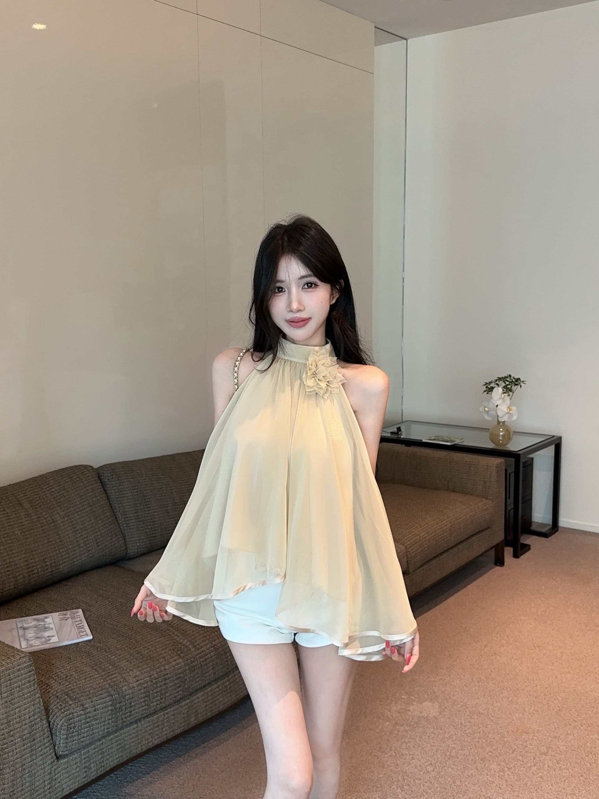 실사 정가 프랑스식 순수한 욕망 민소매 행침 목 디자인 센스 작은 셔츠 품격 꽃 오프숄더 쉬폰 톱 상세 이미지 4
