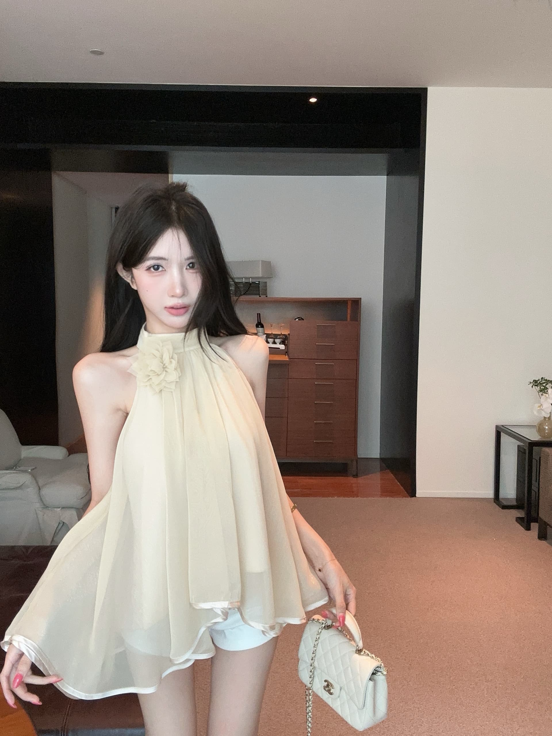 실사 정가 프랑스식 순수한 욕망 민소매 행침 목 디자인 센스 작은 셔츠 품격 꽃 오프숄더 쉬폰 톱 상세 이미지 6