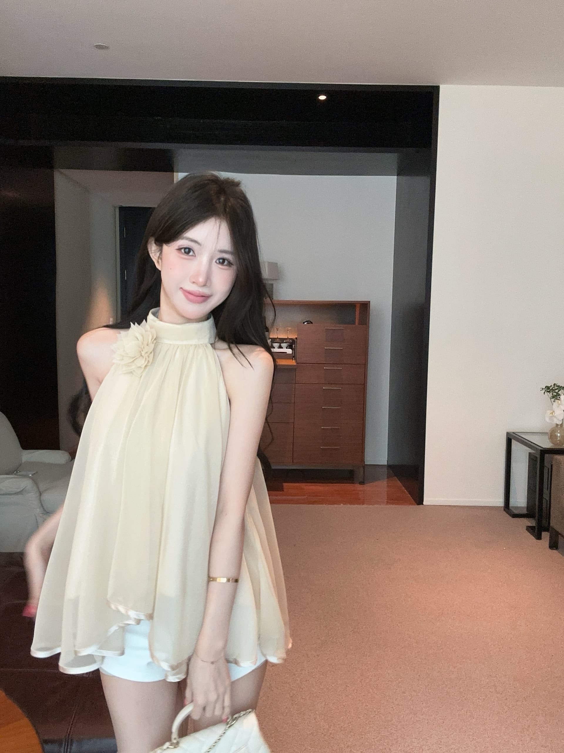 실사 정가 프랑스식 순수한 욕망 민소매 행침 목 디자인 센스 작은 셔츠 품격 꽃 오프숄더 쉬폰 톱 상세 이미지 7