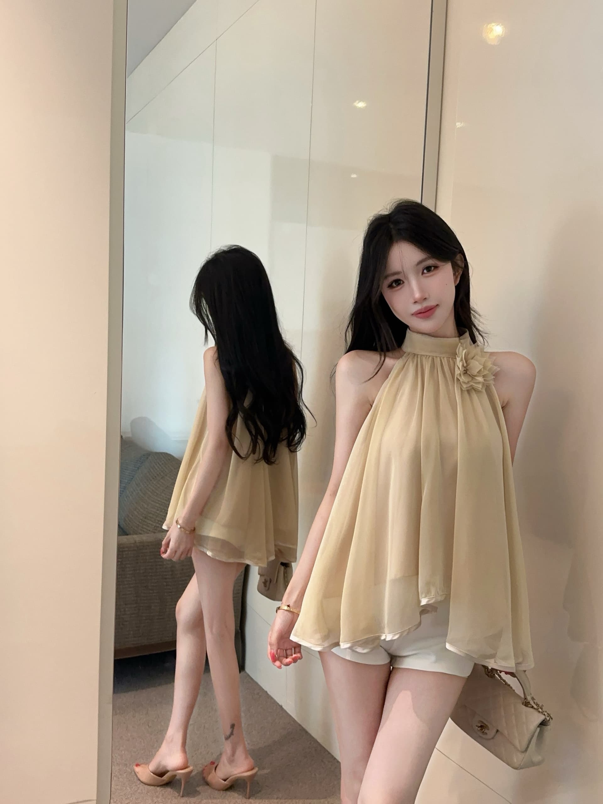 실사 정가 프랑스식 순수한 욕망 민소매 행침 목 디자인 센스 작은 셔츠 품격 꽃 오프숄더 쉬폰 톱 상세 이미지 10
