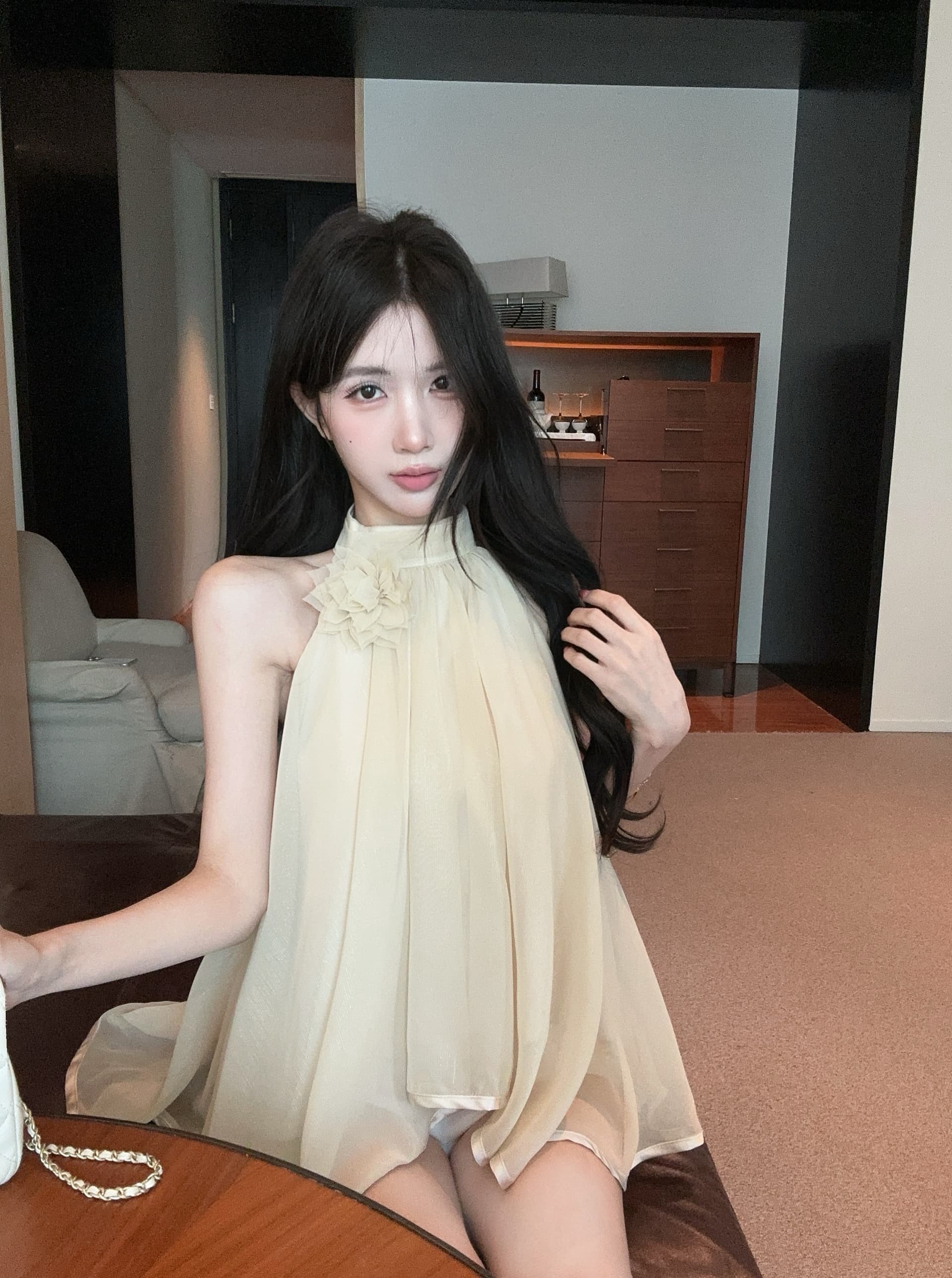 실사 정가 프랑스식 순수한 욕망 민소매 행침 목 디자인 센스 작은 셔츠 품격 꽃 오프숄더 쉬폰 톱 상세 이미지 12