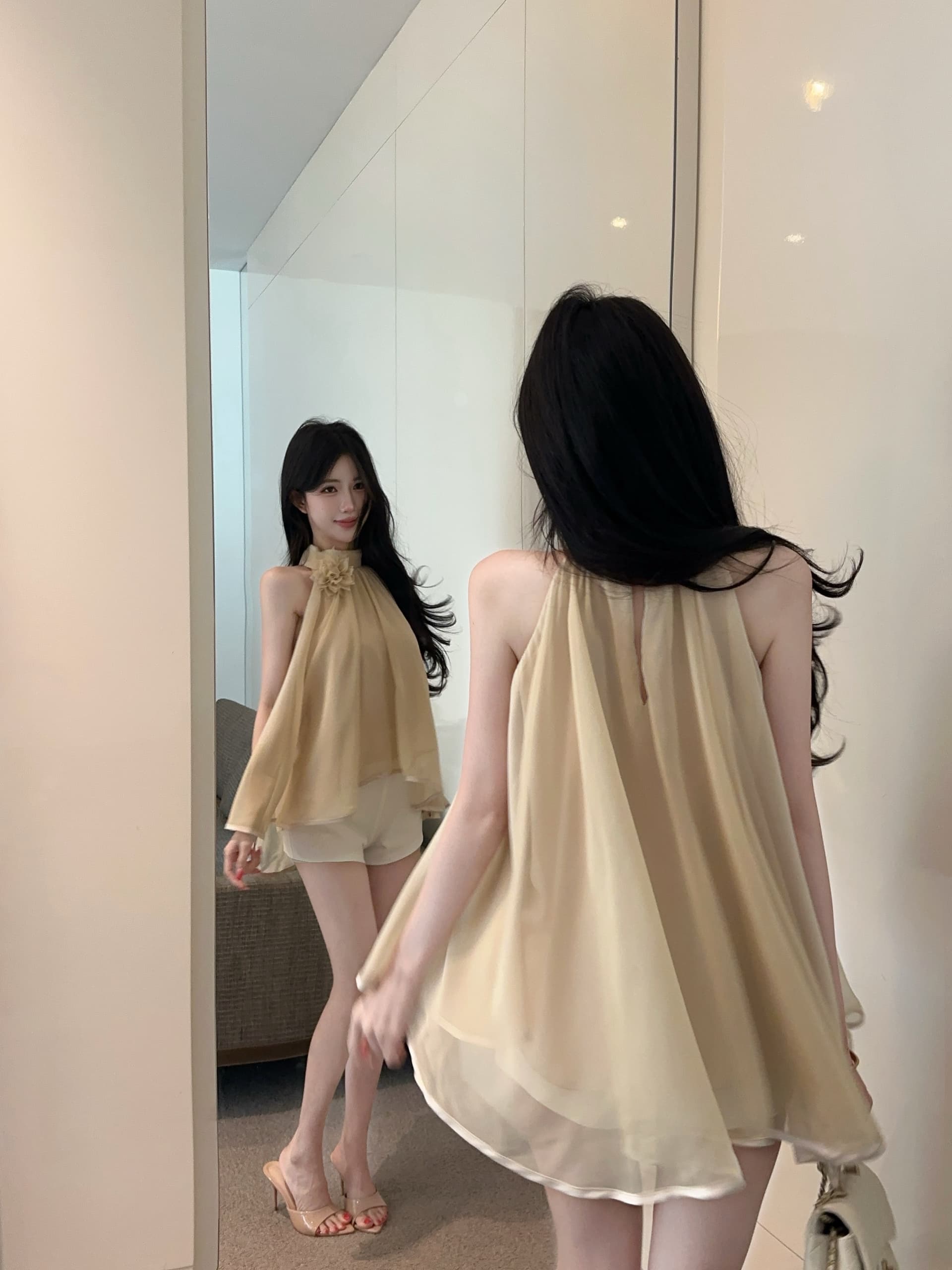 실사 정가 프랑스식 순수한 욕망 민소매 행침 목 디자인 센스 작은 셔츠 품격 꽃 오프숄더 쉬폰 톱 상세 이미지 13