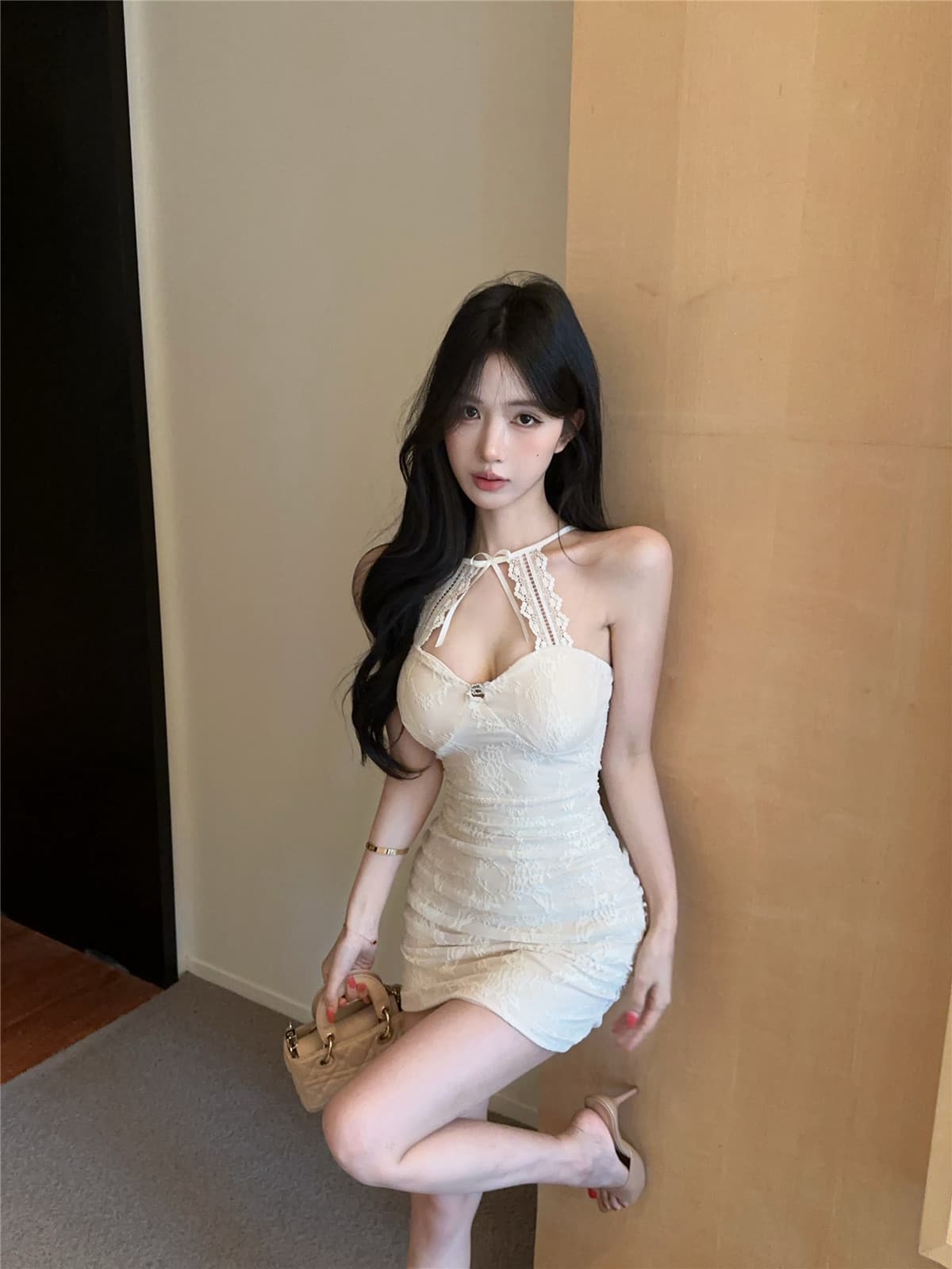 실사 정가 여름 섹시함 레이스 행침 목 드레스 순수한 욕망 나비 매듭 튜브탑 민소매 몸매 가꾸기 타이트 스커트 미니 스커트 상세 이미지 4