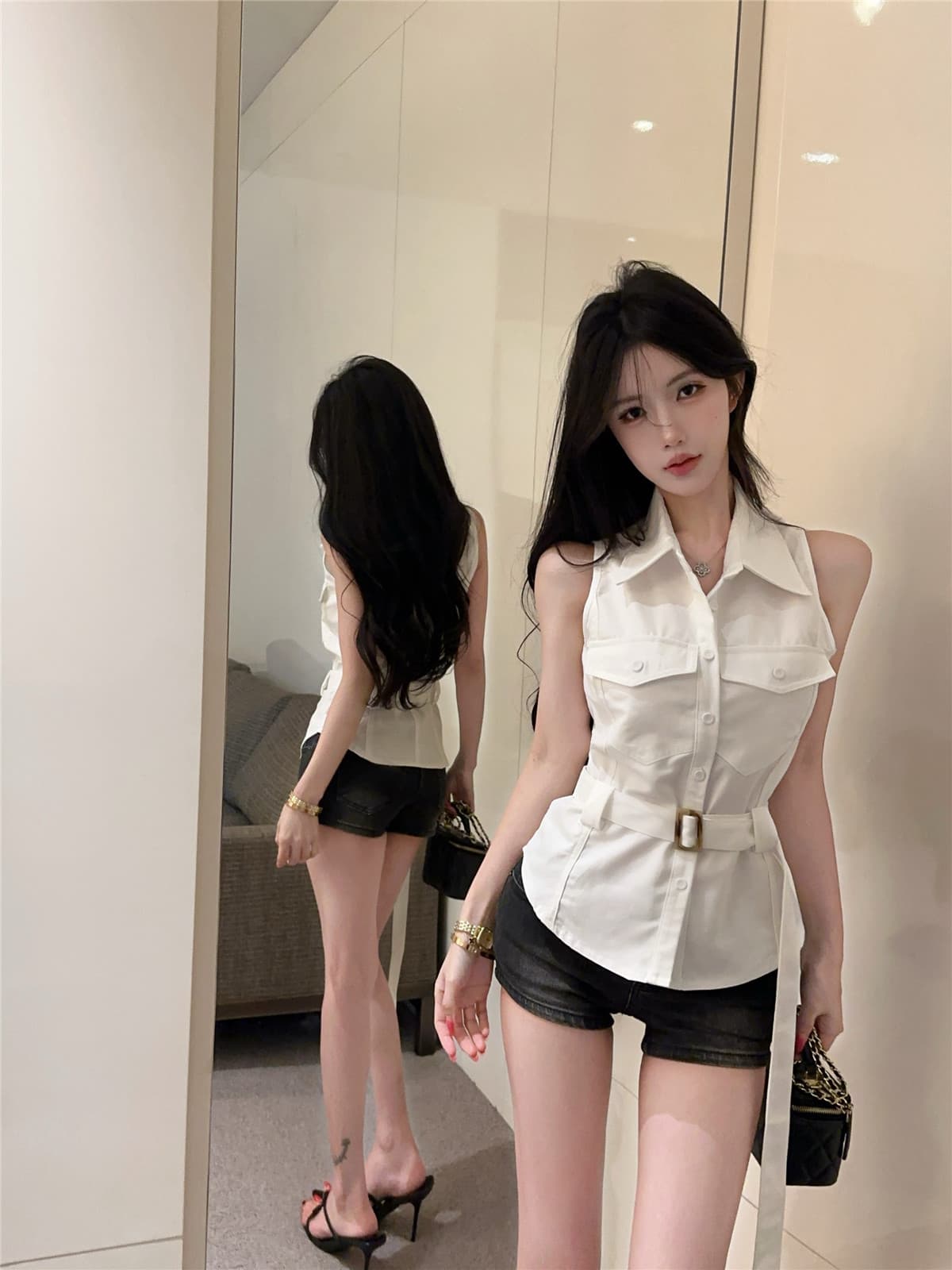 실사 정가 카키 색 ppolo 칼라 민소매 셔츠 여름 레트로 핫걸 디자인 센스 몸매 가꾸기 베스트 맨위 상세 이미지 6