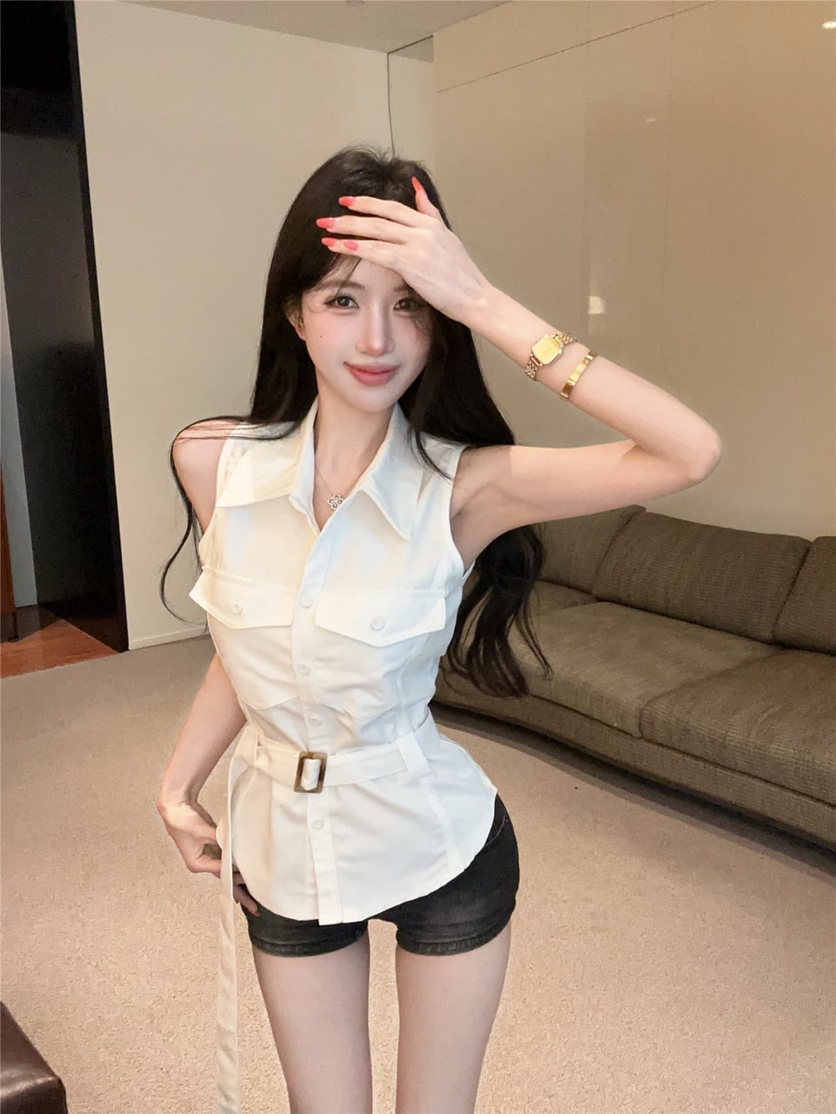 실사 정가 카키 색 ppolo 칼라 민소매 셔츠 여름 레트로 핫걸 디자인 센스 몸매 가꾸기 베스트 맨위 상세 이미지 9