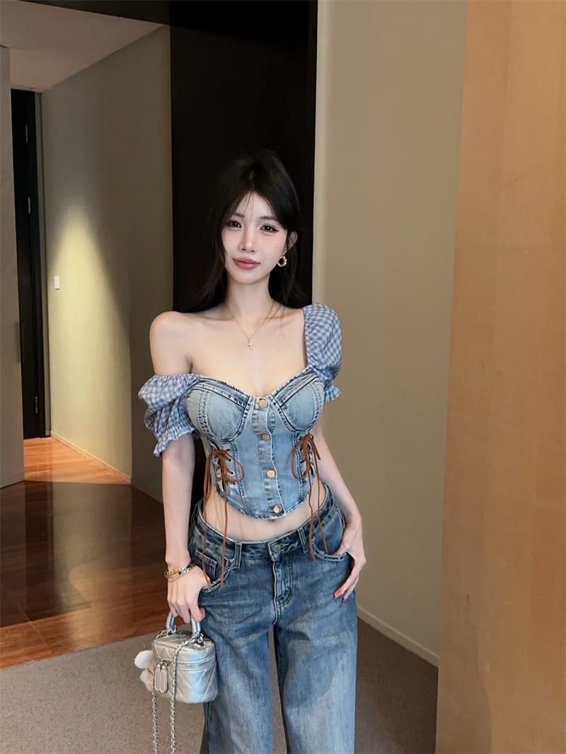 정가 실사 체크무늬 패치워크 시폰 셔츠 여성 2026 년 신제품 레이스업 거품 소매 몸매 가꾸기 쇼트 스타일 데님 맨위 상세 이미지 4
