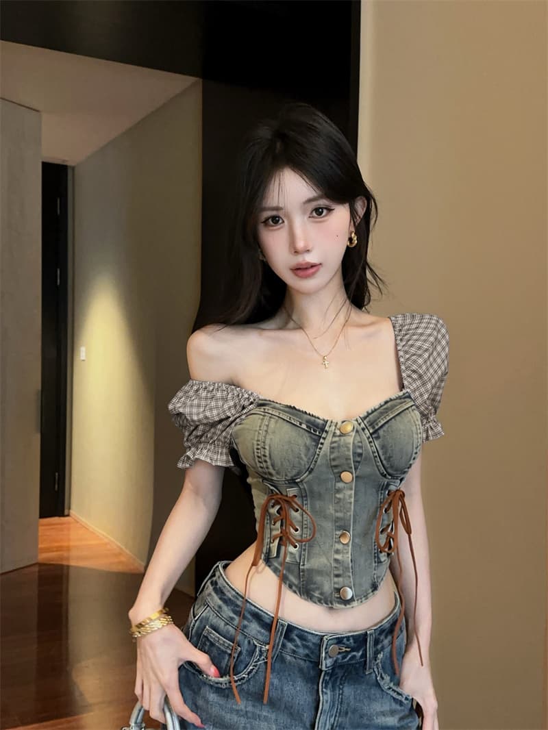 정가 실사 체크무늬 패치워크 시폰 셔츠 여성 2026 년 신제품 레이스업 거품 소매 몸매 가꾸기 쇼트 스타일 데님 맨위 상세 이미지 13