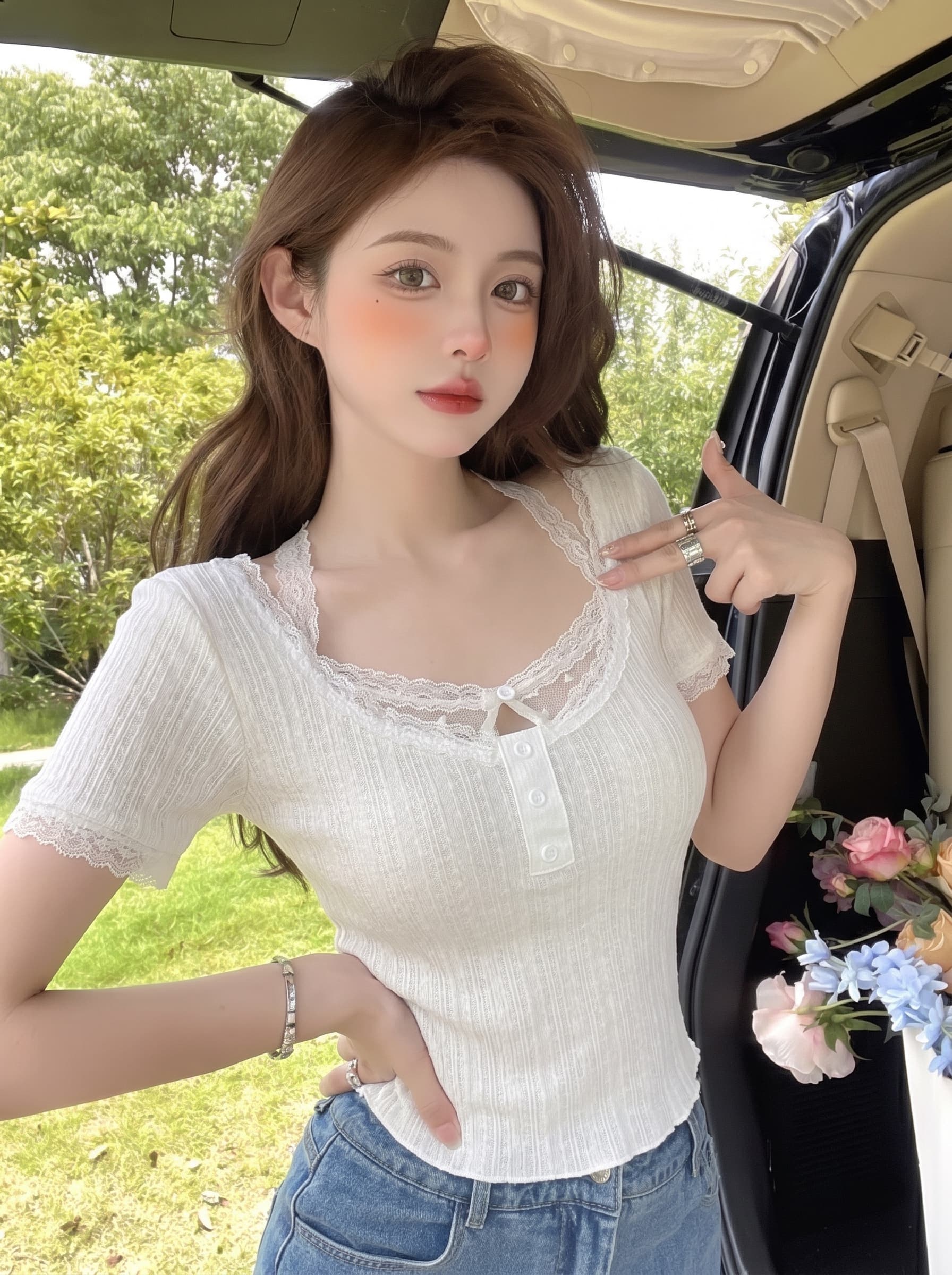 실사 정가 순수한 욕망 바람 레이스 레이스 반팔 티셔츠 새로운 디자인 센스 작은 대중 몸매 가꾸기 슬림해 보이는 쇼트 스타일 맨위 이미지 3