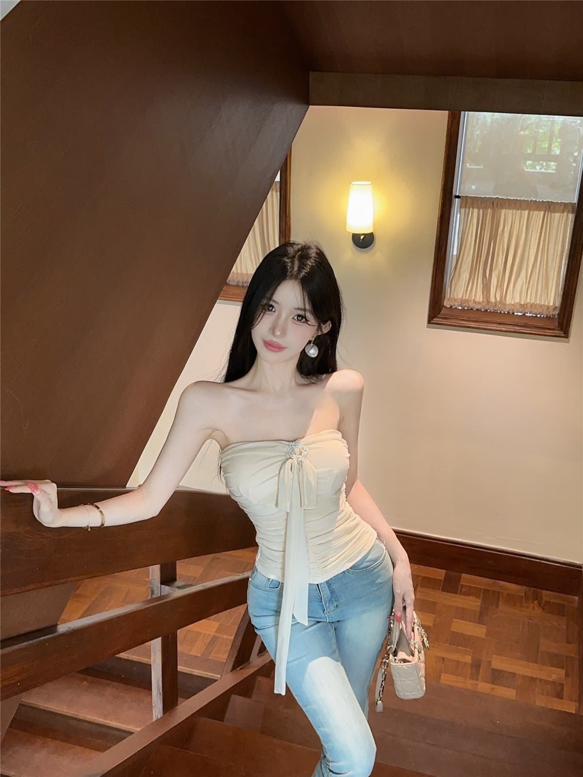 실사 정가 순수한 욕망 바람 디자인 센스 나비 매듭 망사 주름 튜브탑 맨위 허리 수축 슬림해 보이는 민소매 조끼 상세 이미지 11