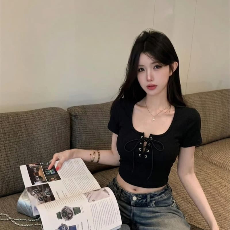 정가 실사 Chic 레이스업 긍정적 인 어깨 u 칼라 반팔 티셔츠 여성 여름 순수한 욕망 섹시함 몸매 가꾸기 쇼트 스타일 쇄골 맨위 이미지 3