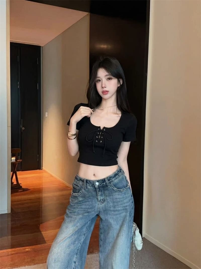 정가 실사 Chic 레이스업 긍정적 인 어깨 u 칼라 반팔 티셔츠 여성 여름 순수한 욕망 섹시함 몸매 가꾸기 쇼트 스타일 쇄골 맨위 상세 이미지 16