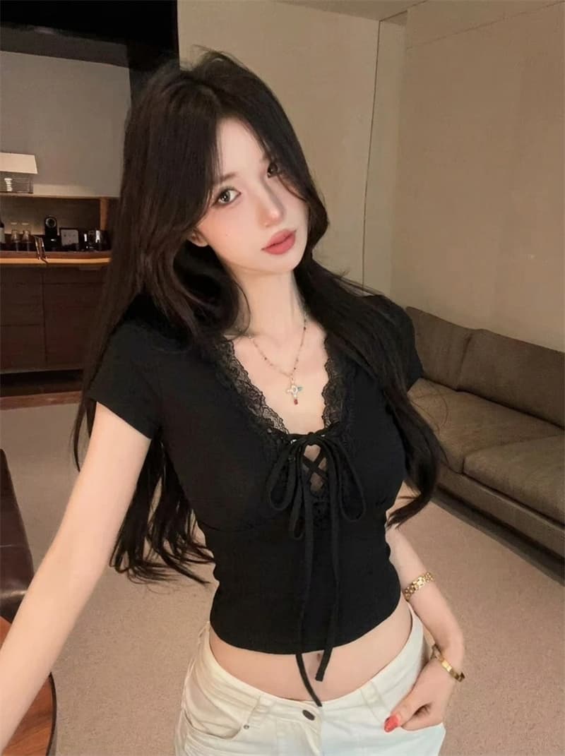 정가 실사 V넥 쇼트 스타일 레이스 맨위 여성 여름 프랑스식 사소한 고유 한 아름다운 자이언트 잘 생긴 반팔 티셔츠 이미지 3