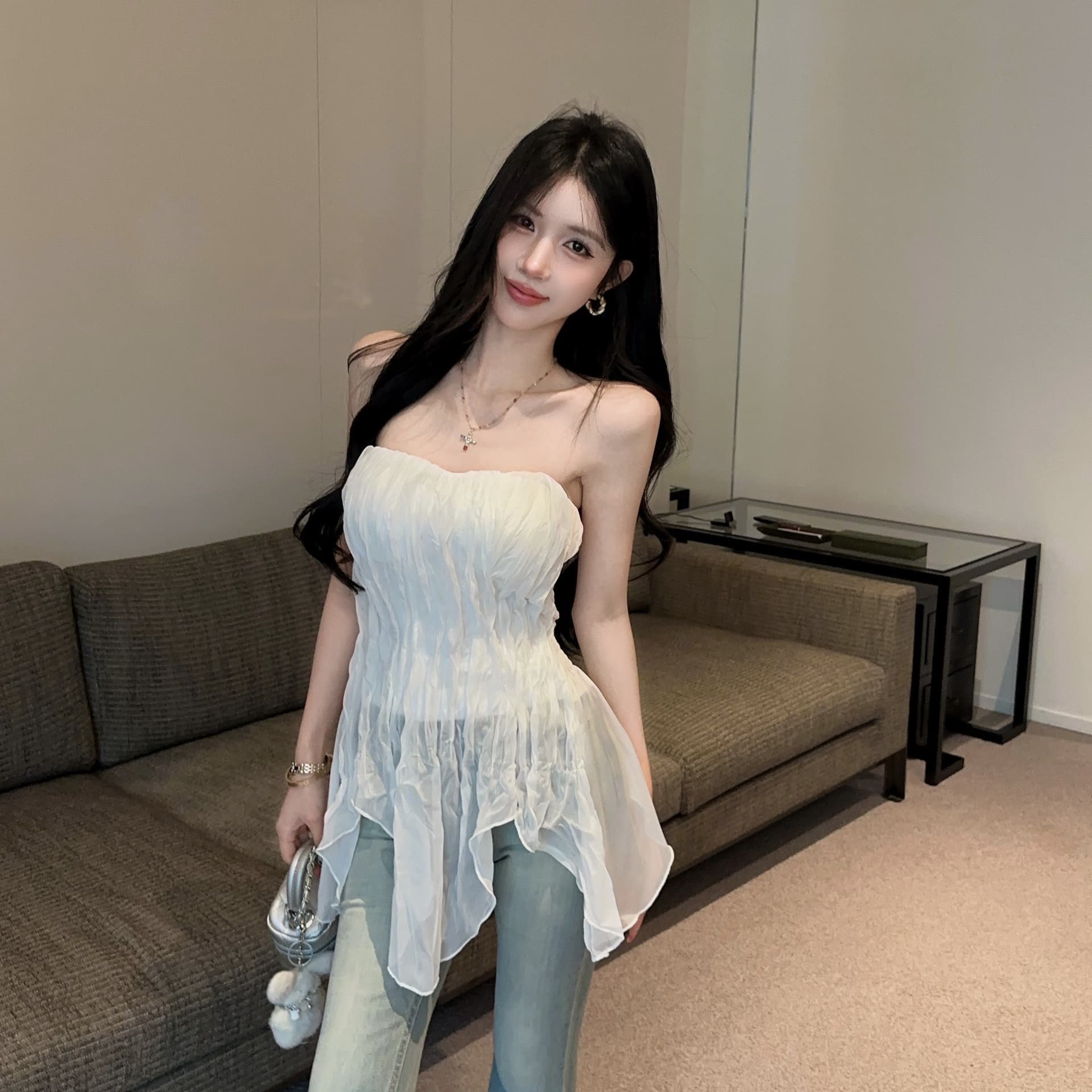 실사 정가 핫걸 아름다운 몸매 가꾸기 허리 수축 주름 불규칙 프릴 튜브탑