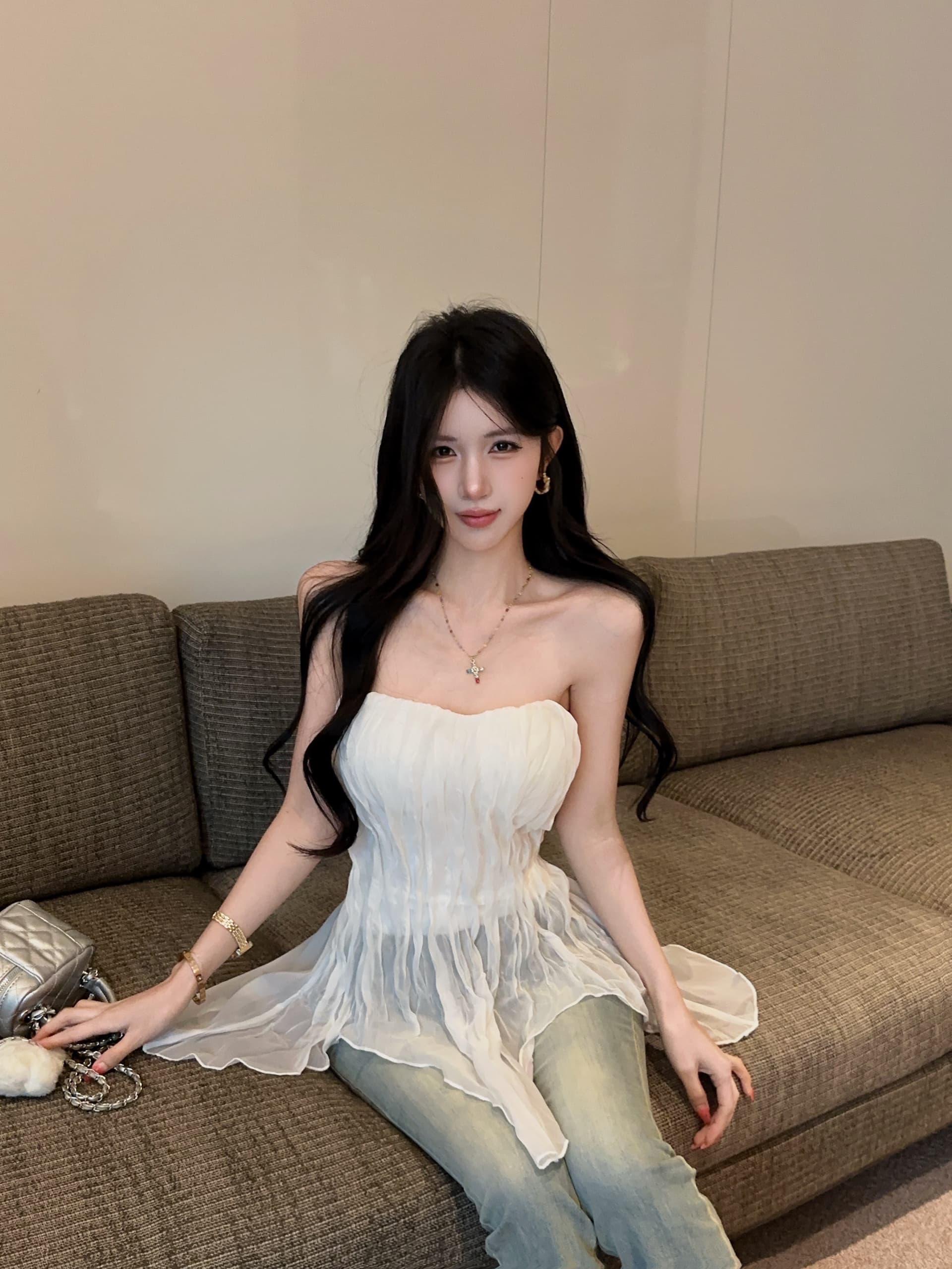 실사 정가 핫걸 아름다운 몸매 가꾸기 허리 수축 주름 불규칙 프릴 튜브탑 상세 이미지 8
