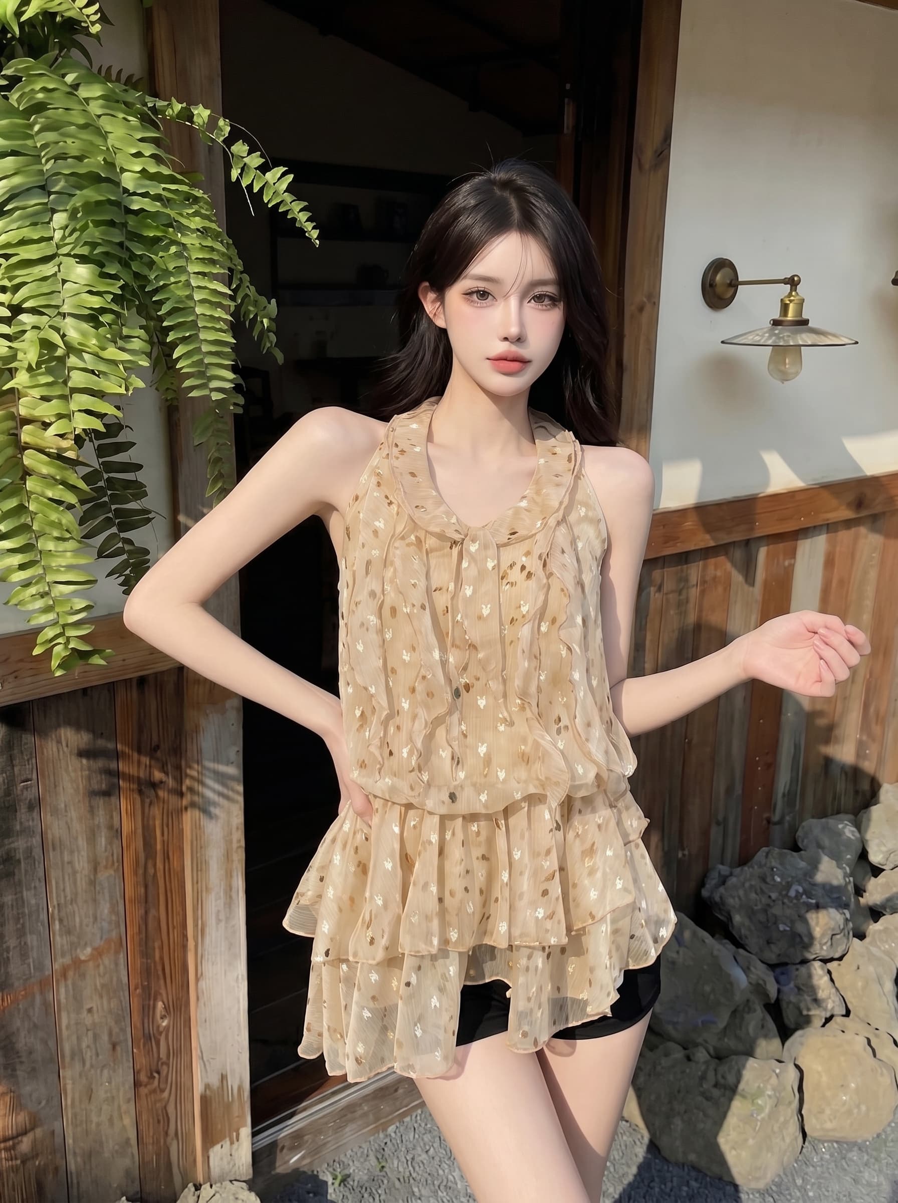 실사 정가 디자인 센스 표범 포인트 행침 목 민소매 조끼 맨위 순수한 욕망 바람 프릴 쉬폰 블라우스 이미지 4