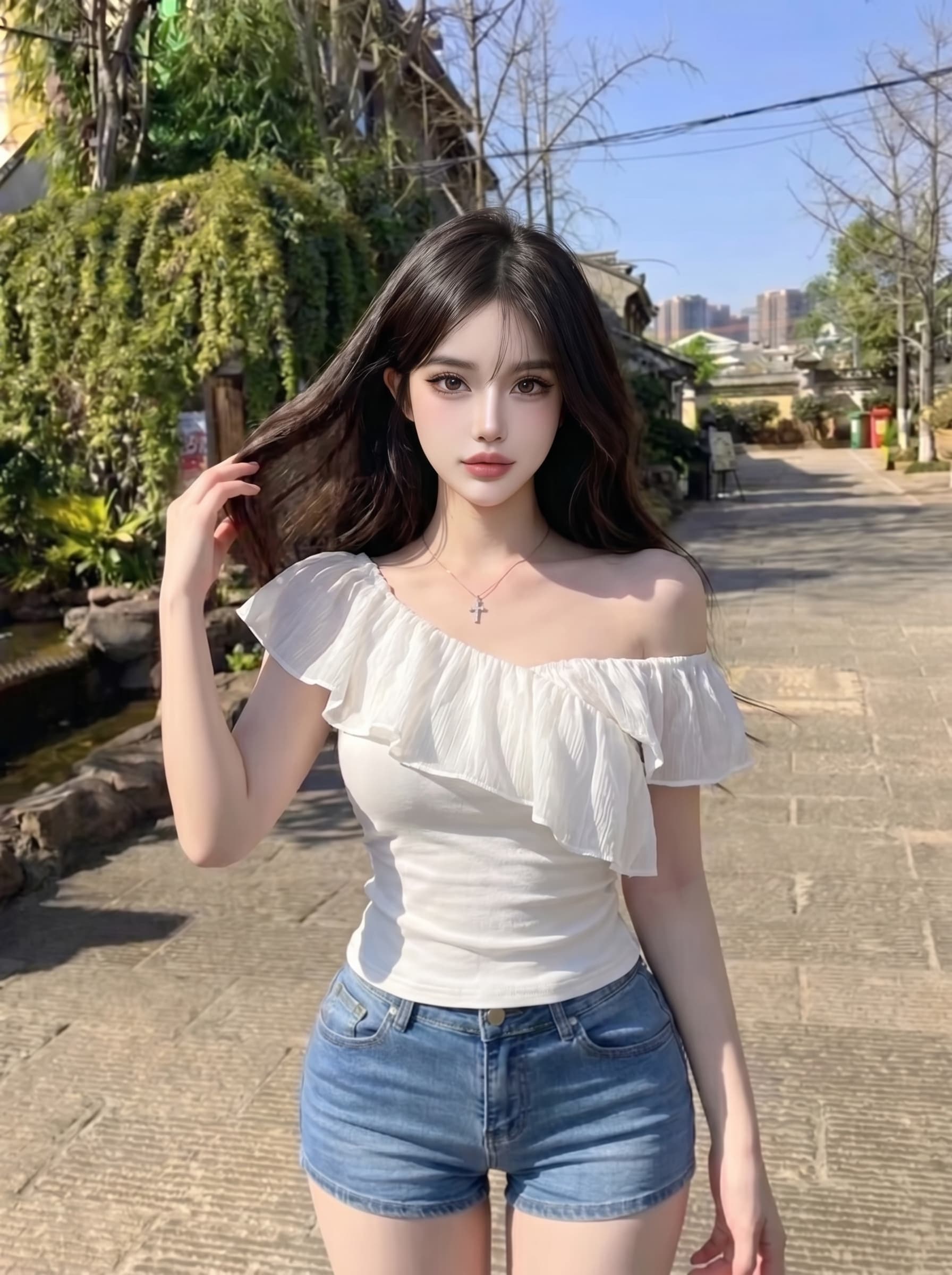 실사 정가 순수한 욕망 핫걸 바람 프릴 오프숄더 맨위 디자인 센스 오프숄더 몸매 가꾸기 티셔츠 상세 이미지 5