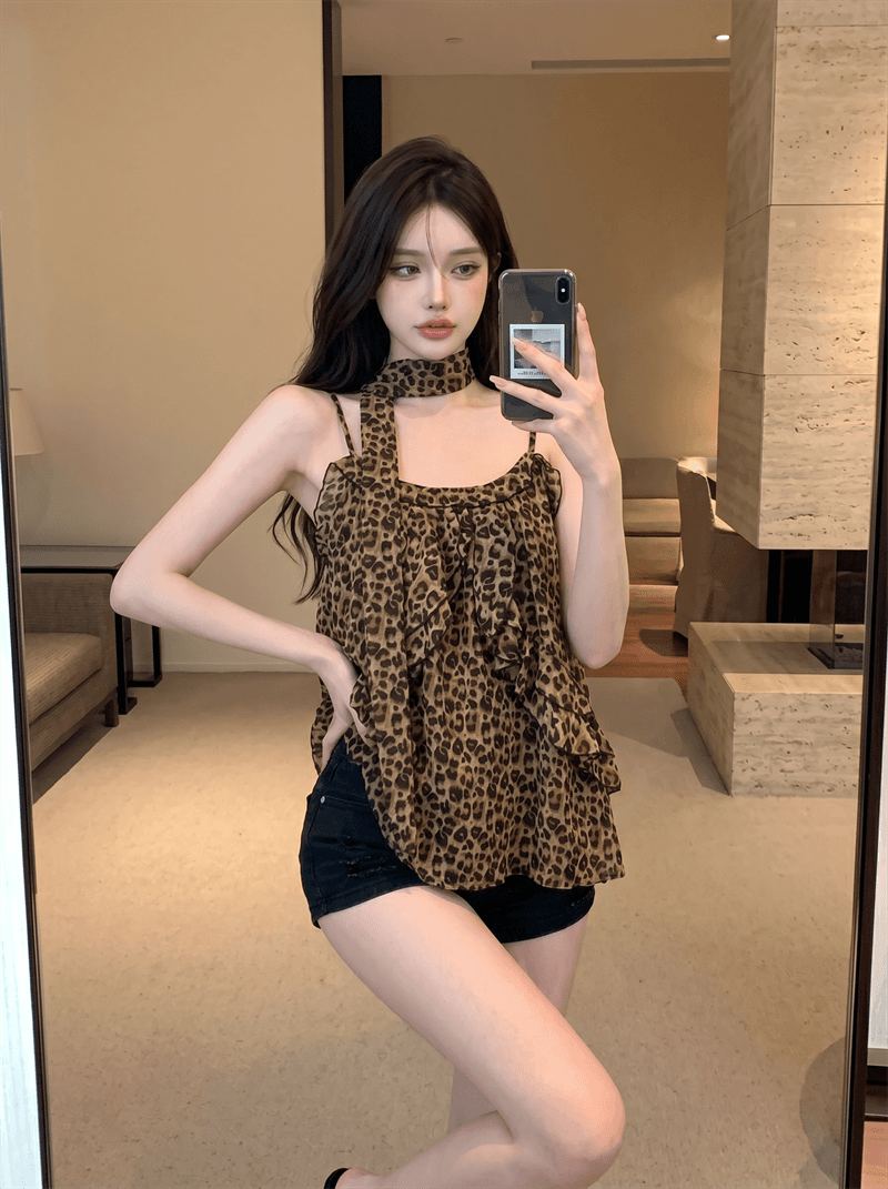 정가 섹시함 순수한 욕망 핫걸 리본 레오파드 무늬 슬립 맨위 캐주얼 휴가 바람 프릴 슬림해 보이는 조끼 상세 이미지 2