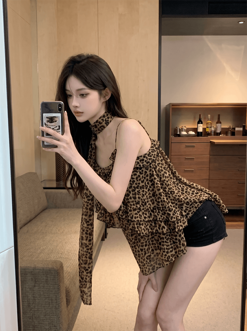 정가 섹시함 순수한 욕망 핫걸 리본 레오파드 무늬 슬립 맨위 캐주얼 휴가 바람 프릴 슬림해 보이는 조끼 상세 이미지 8