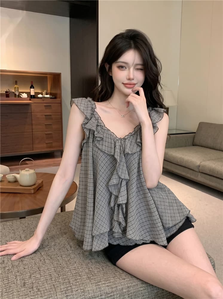 실사 정가 프랑스식 여름 프릴 민소매 오프숄더 디자인 센스 체크무늬 V넥 맨위 상세 이미지 10