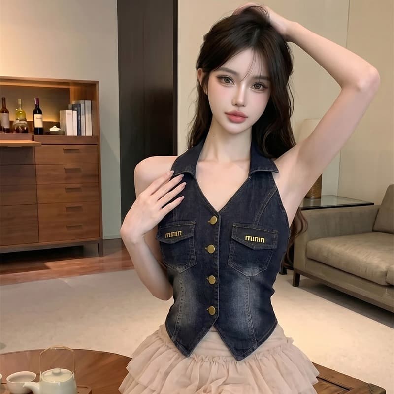정가 실사 핫걸 순수한 욕망 섹시함 데님 행침 목 쇼트 스타일 맨위 디자인 센스 품격 허리 수축 데님 조끼 이미지 3