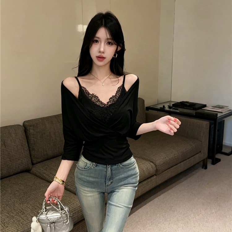 실사 정가 작은 심장 기계 오프숄더 V넥 허리 수축 레이스 슬립 분위기 센스 스택 착용 투피스 세트 맨위 이미지 3